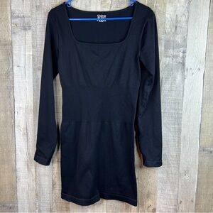 OQQ Black XL Compression Ribbed Dress Long Sleeve Square Neck